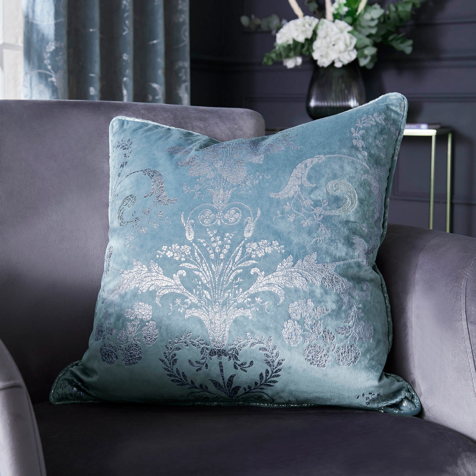 Josette Metallic Cushion By Laura Ashley In Seaspray Blue